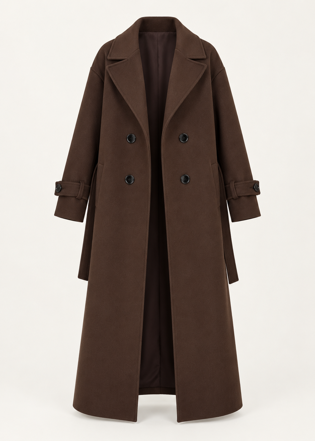 Manteau long brun foncé à double boutonnage, pièce isolée de face