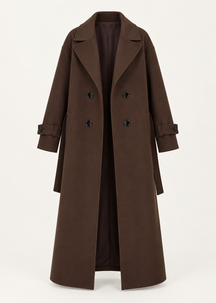 Manteau long brun foncé à double boutonnage, pièce isolée de face