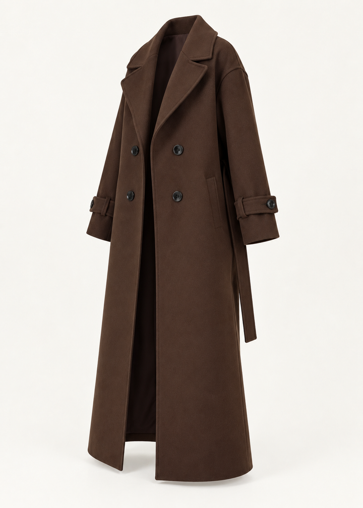 Manteau long brun foncé à double boutonnage, pièce isolée de trois-quarts
