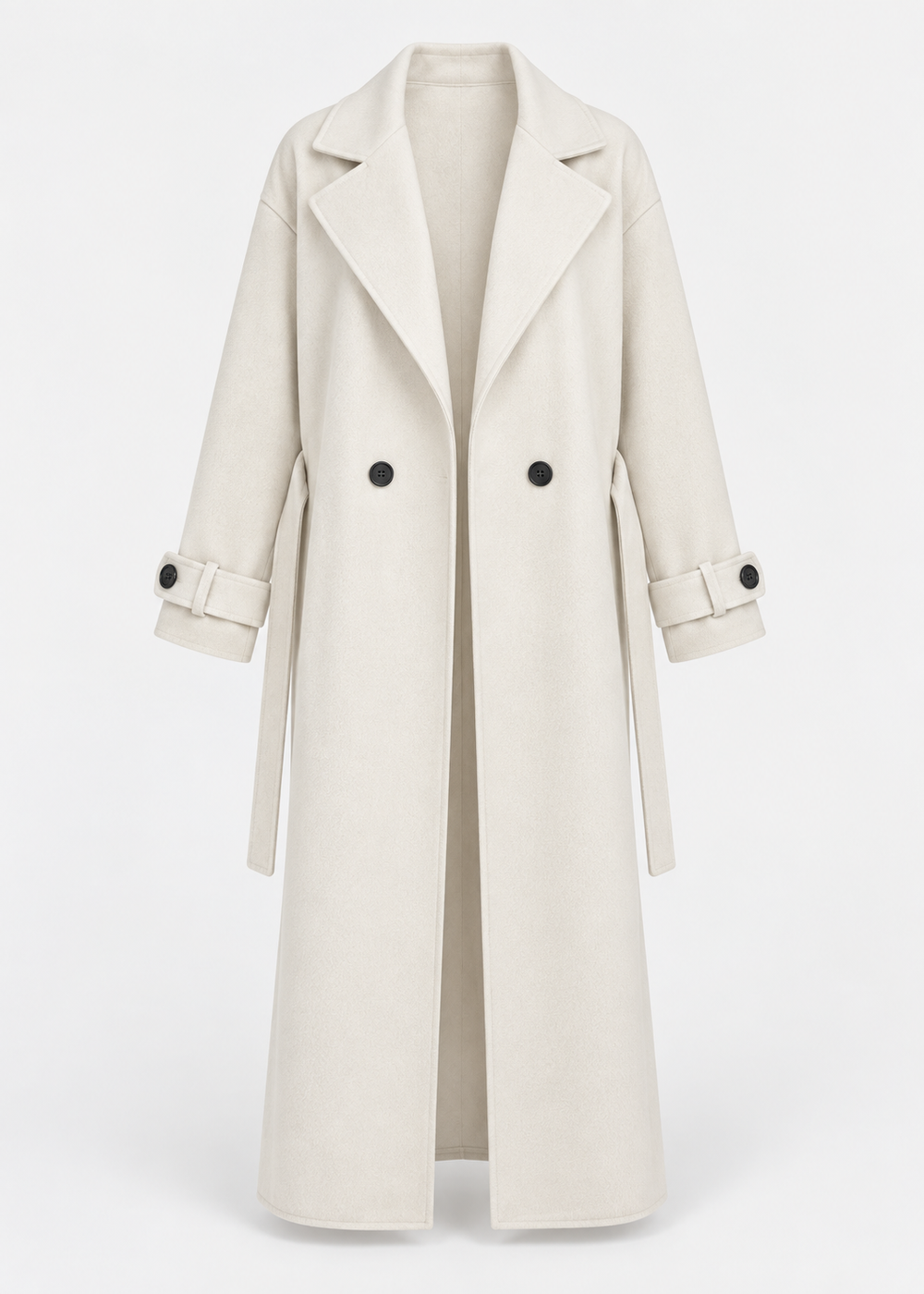 Manteau long écru à boutons, vue de face de la pièce isolée