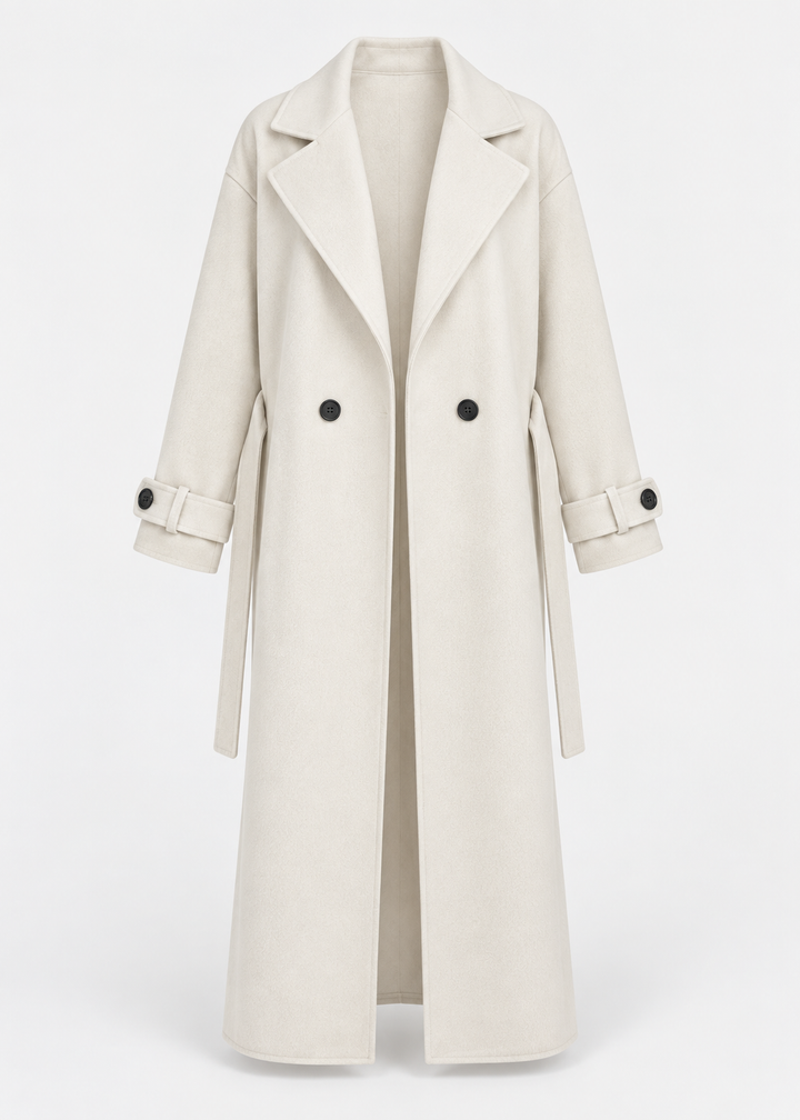 Manteau long écru à boutons, vue de face de la pièce isolée