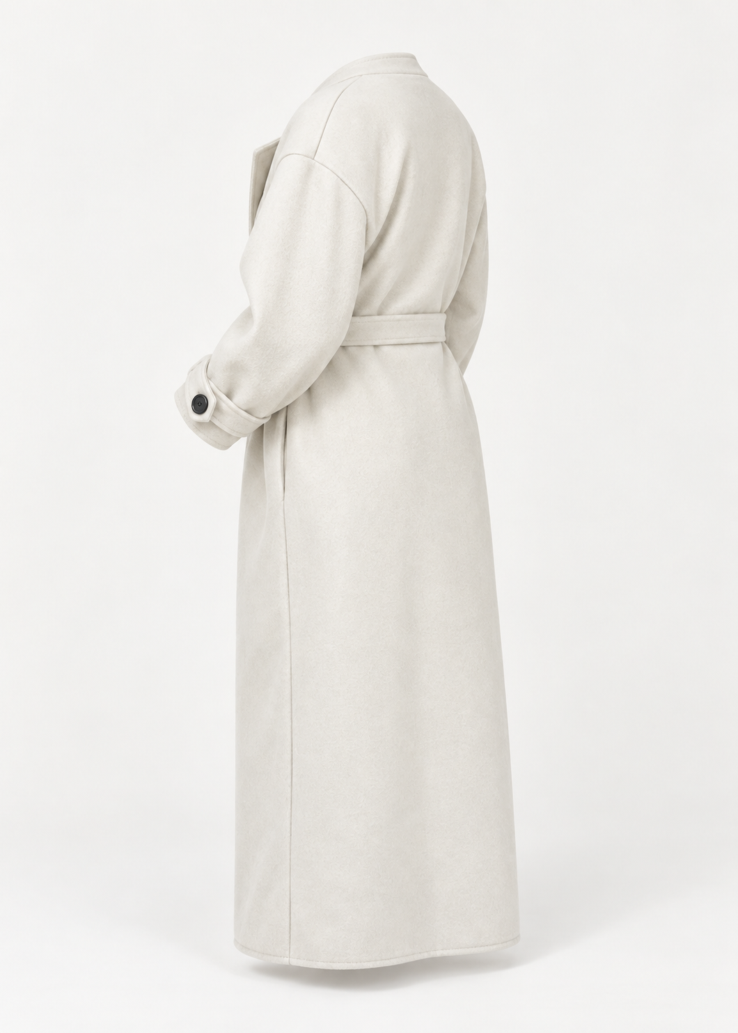 Manteau long écru à boutons, vue trois quarts dos de la pièce isolée