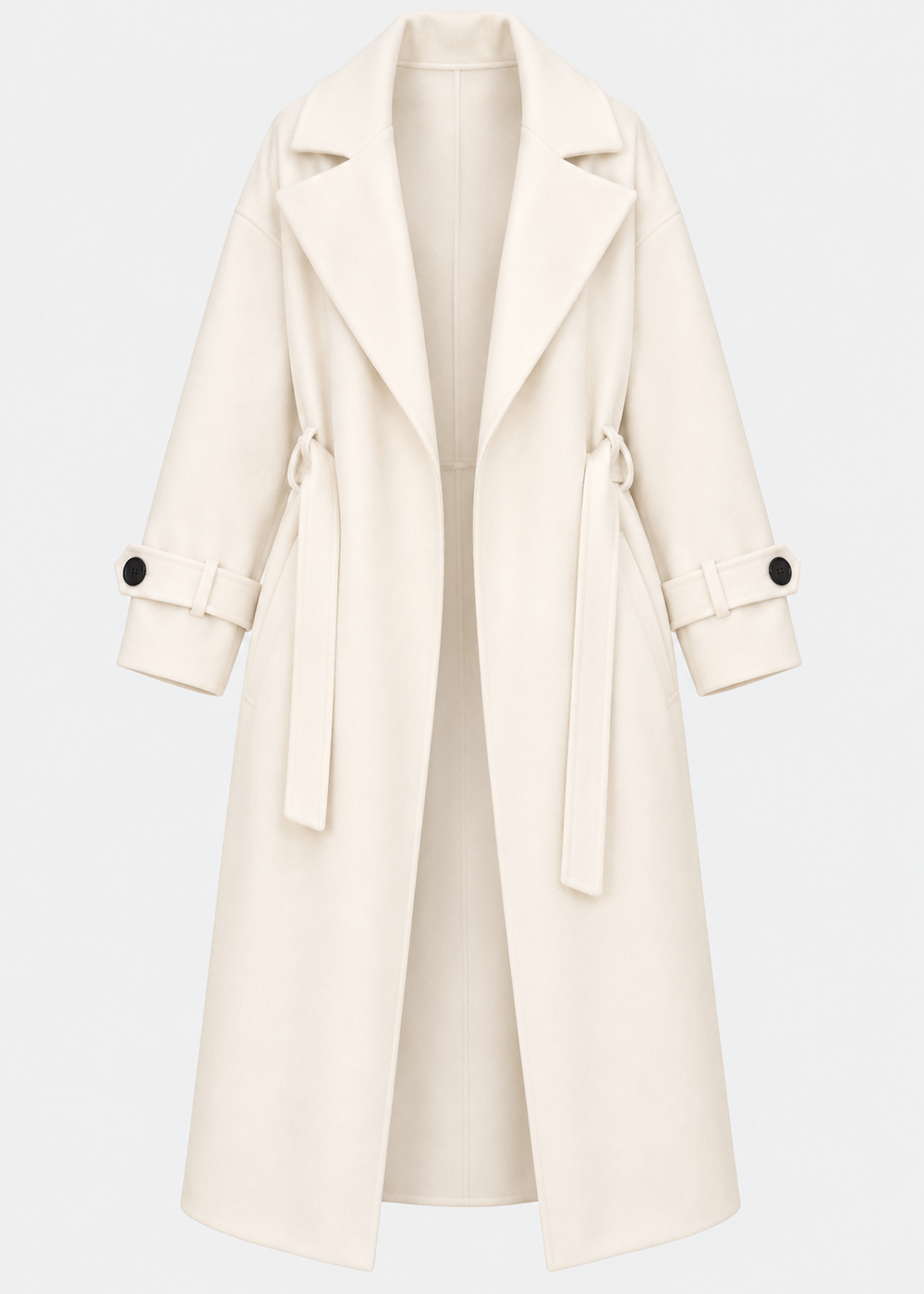 Manteau long écru à ceinture, pièce isolée de face ouverte