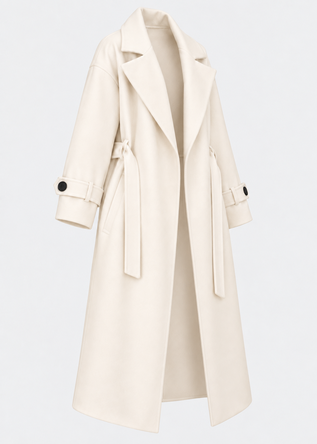 Manteau long écru à ceinture, pièce isolée de trois-quarts