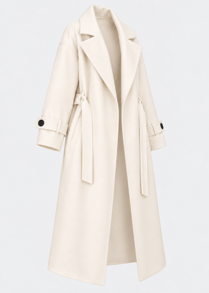 Manteau long écru à ceinture, pièce isolée de trois-quarts