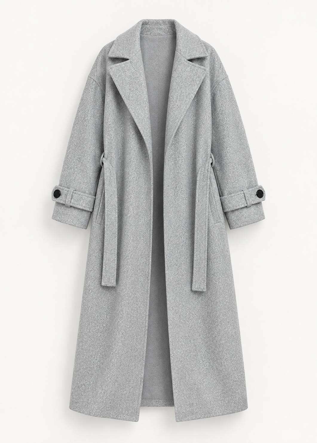 Manteau long gris à ceinture, vue de face de la pièce isolée