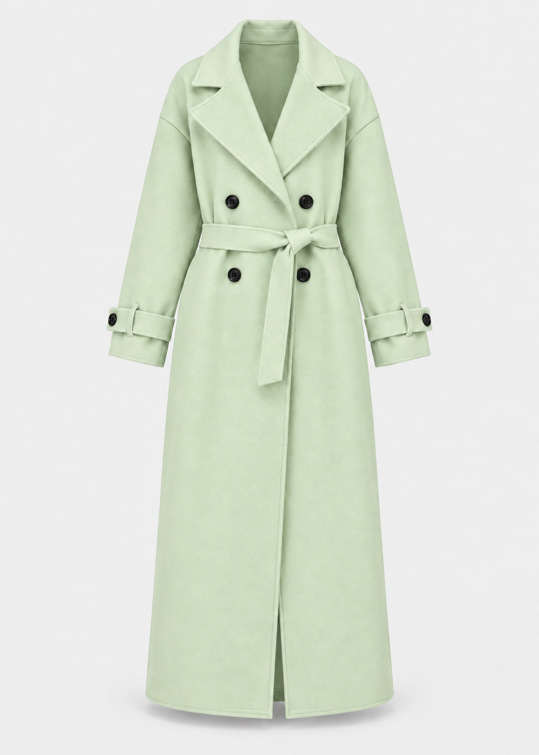 Manteau long menthe à boutons — pièce isolée, vue de face.
