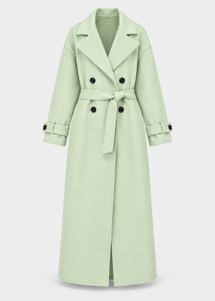 Manteau long menthe à boutons — pièce isolée, vue de face.