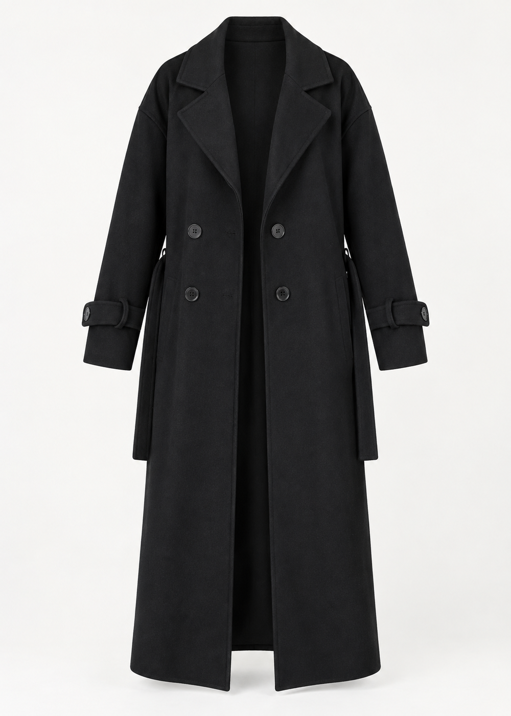 Manteau long noir à boutons, vue de face de la pièce isolée