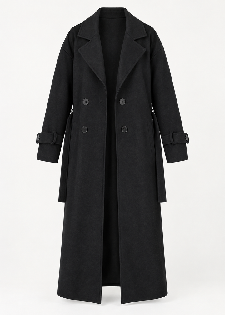 Manteau long noir à boutons, vue de face de la pièce isolée