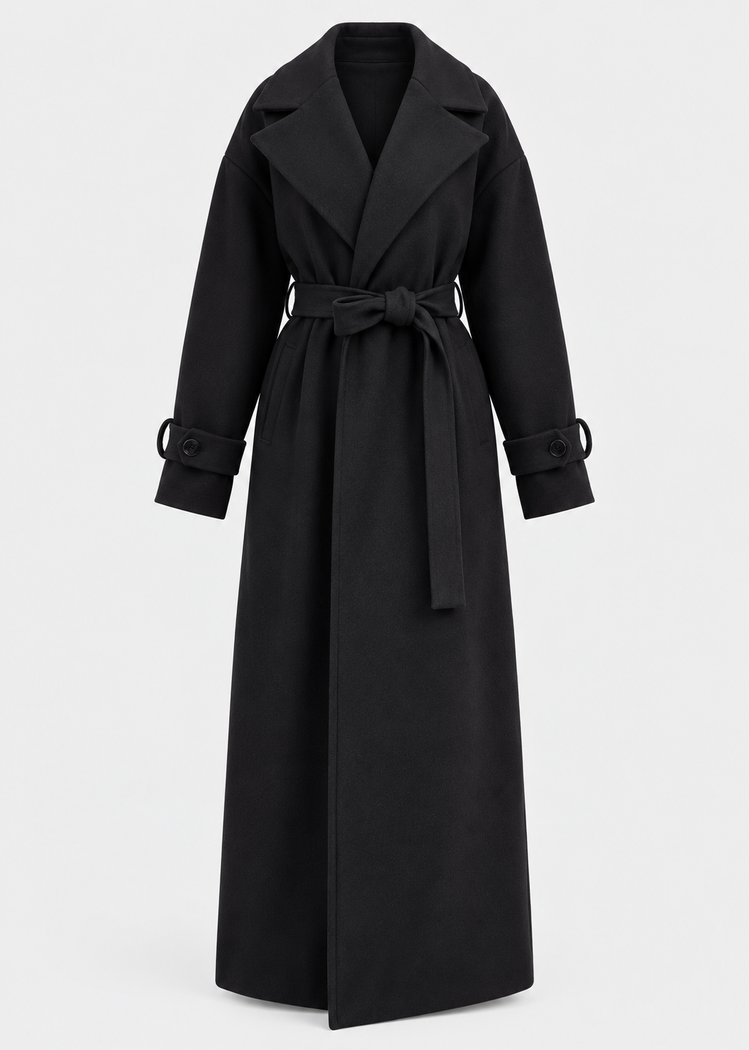 Manteau long noir à ceinture, pièce isolée de face