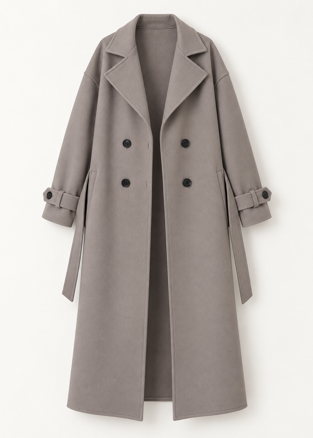Manteau long taupe à boutons, vue de face de la pièce isolée
