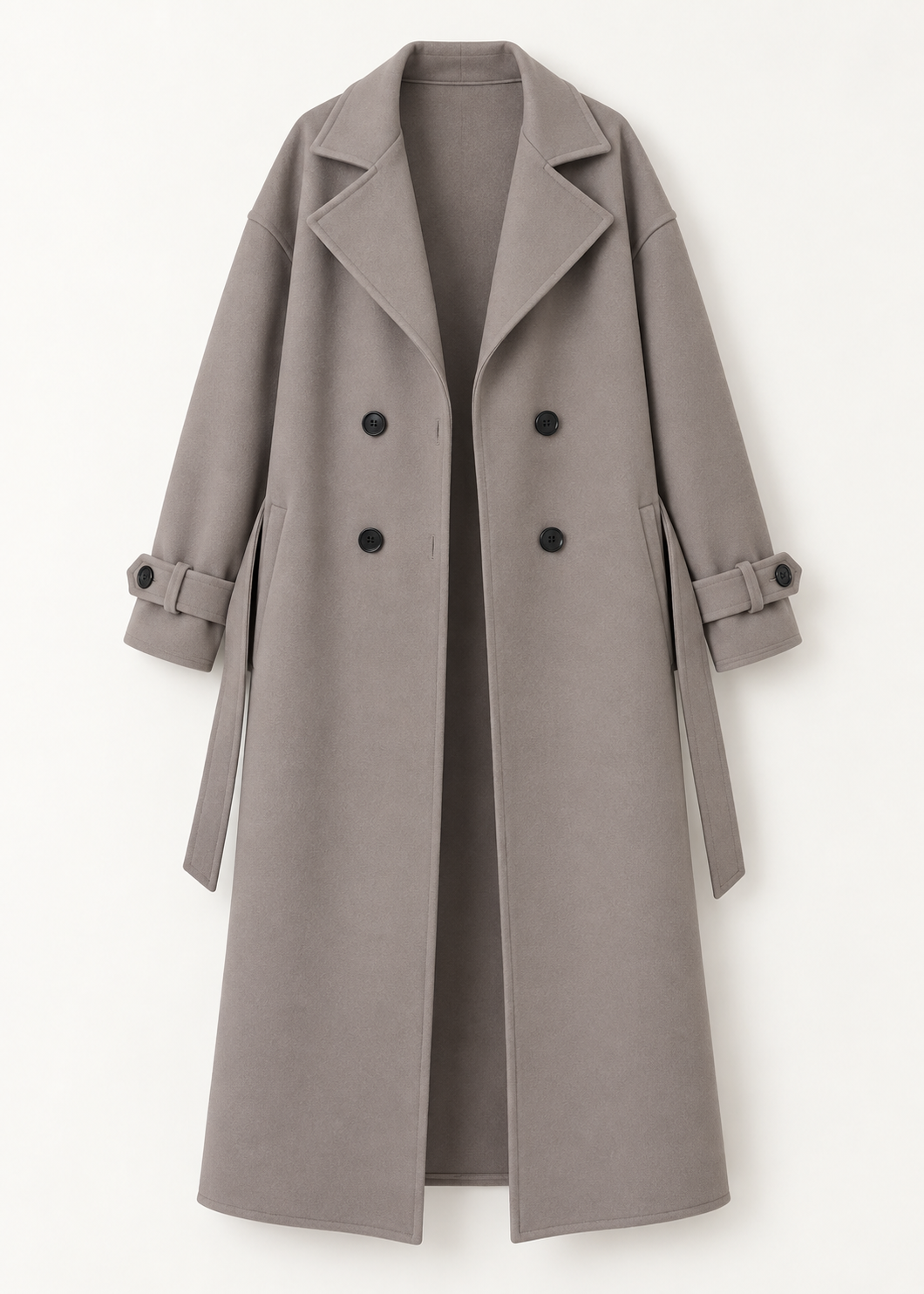 Manteau long taupe à boutons, vue de face de la pièce isolée