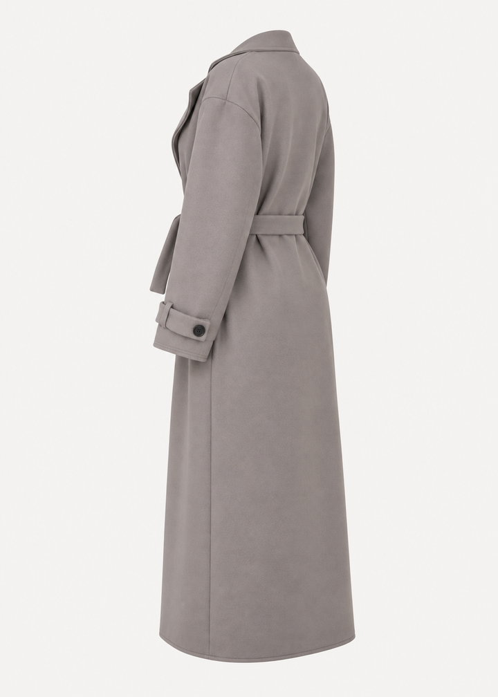Manteau long taupe à boutons, vue trois quarts dos de la pièce isolée