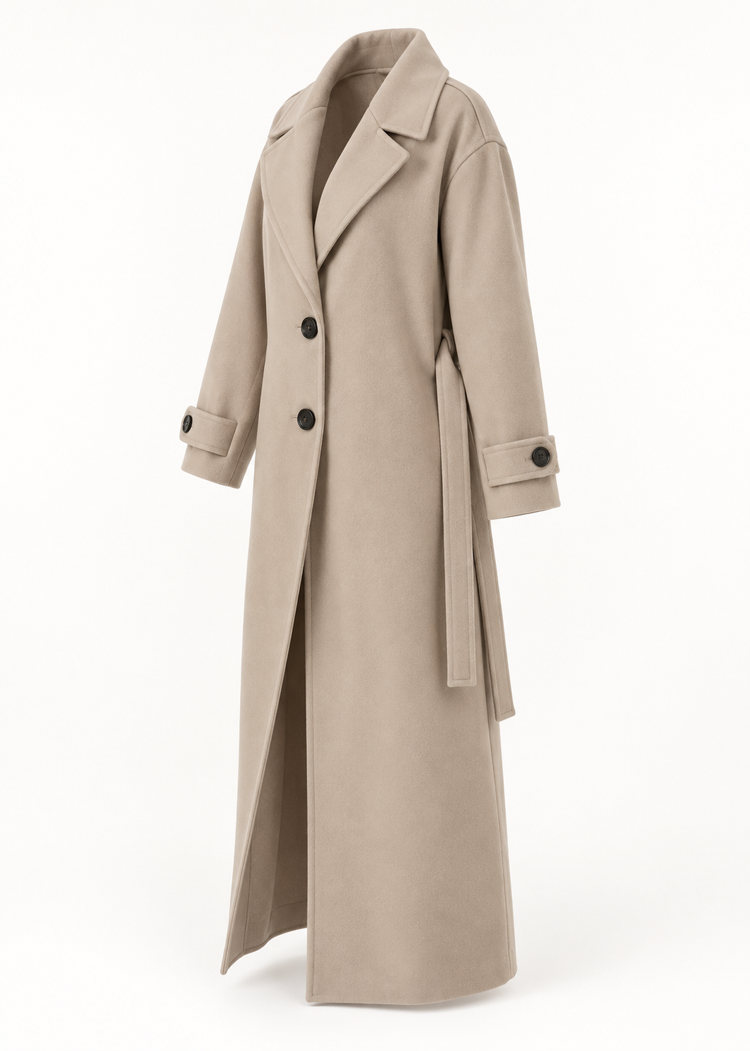 Manteau long taupe clair à deux boutons, vue isolée de trois quarts sur fond clair