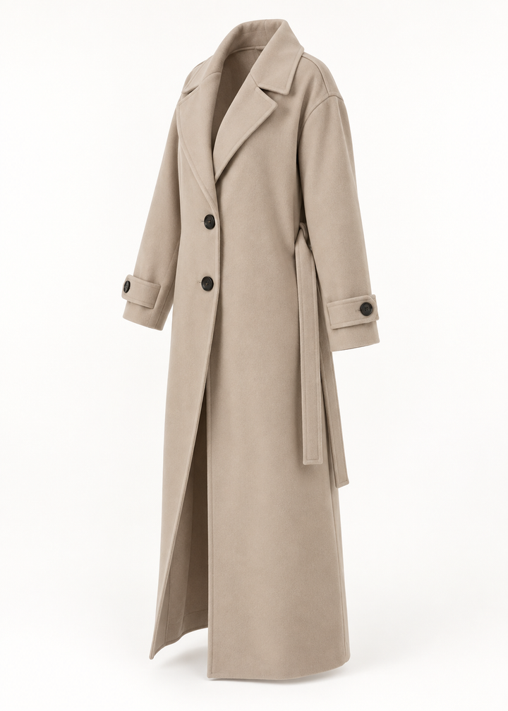 Manteau long taupe clair à deux boutons, vue isolée de trois quarts sur fond clair
