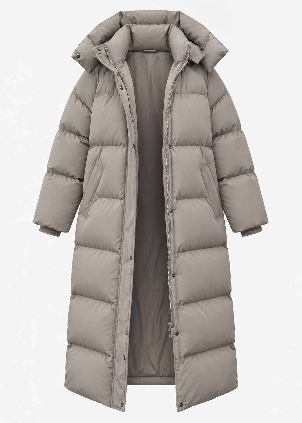 Manteau long matelassé taupe à capuche, pièce isolée de face ouverte