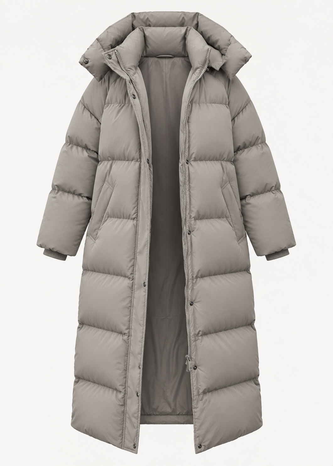 Manteau long matelassé taupe à capuche, pièce isolée de face ouverte