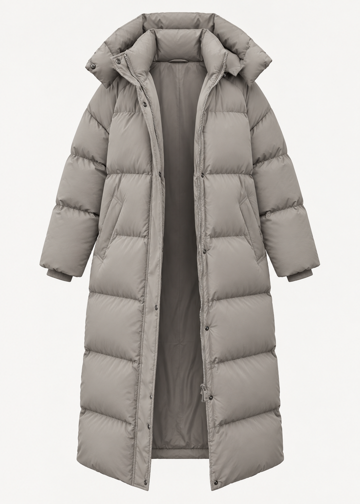 Manteau long matelassé taupe à capuche, pièce isolée de face ouverte