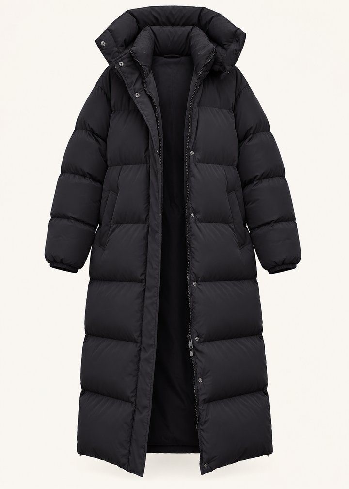 Manteau long matelassé noir à capuche, pièce isolée de face ouverte