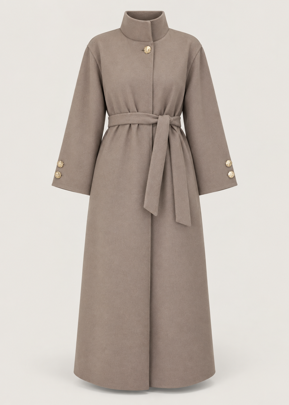 Manteau long taupe à col montant — pièce isolée, vue de face.