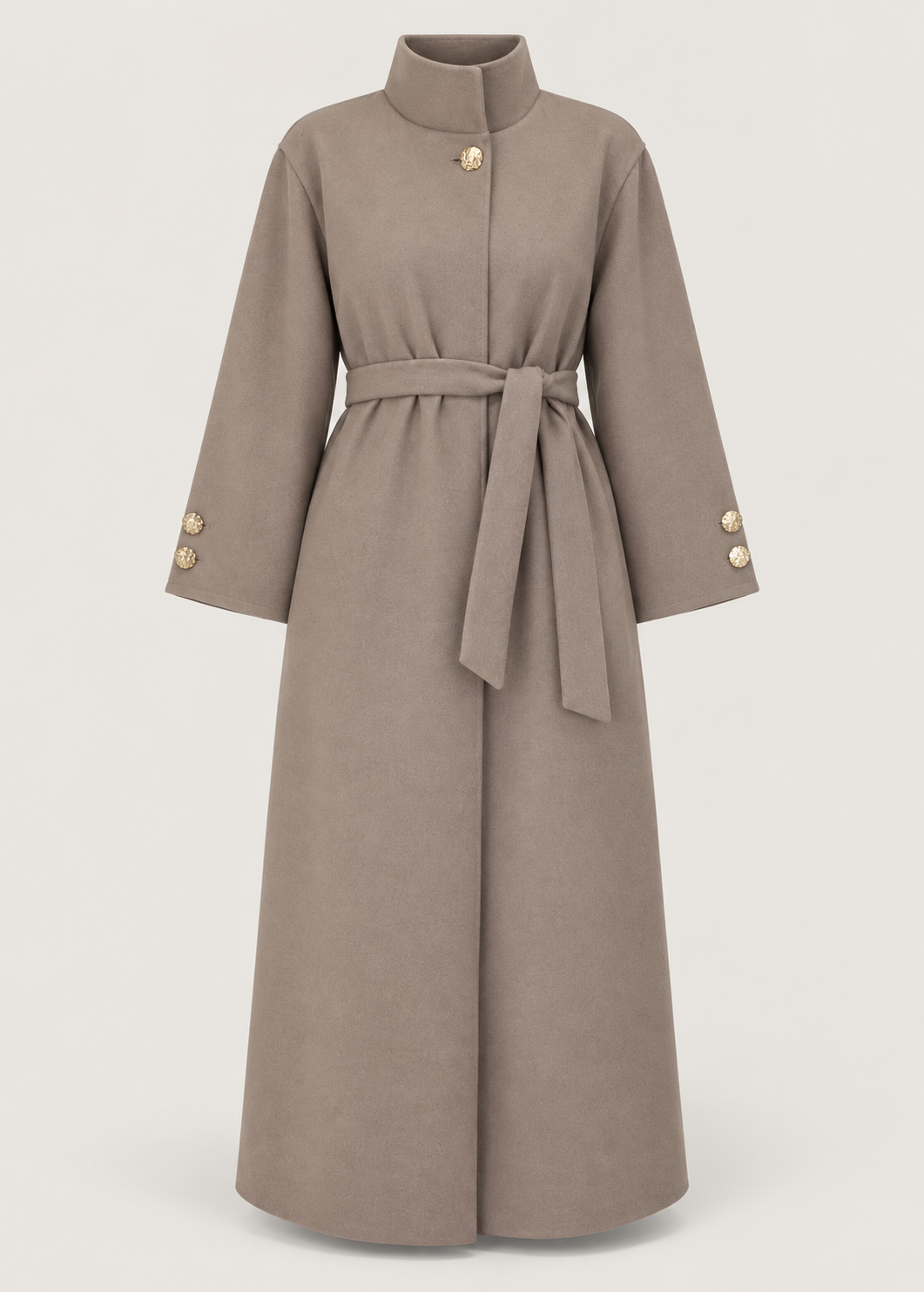 Manteau long taupe à col montant — pièce isolée, vue de face.
