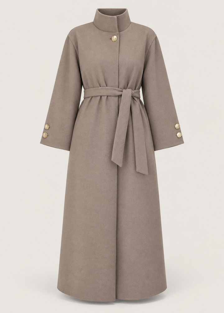 Manteau long taupe à col montant — pièce isolée, vue de face.