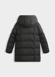 Veste matelassée mi-longue noire — vue de dos sur fond gris clair, capuche et matelassage