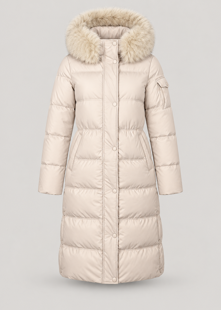 Parka beige à capuche fausse fourrure — pièce isolée, vue de face.