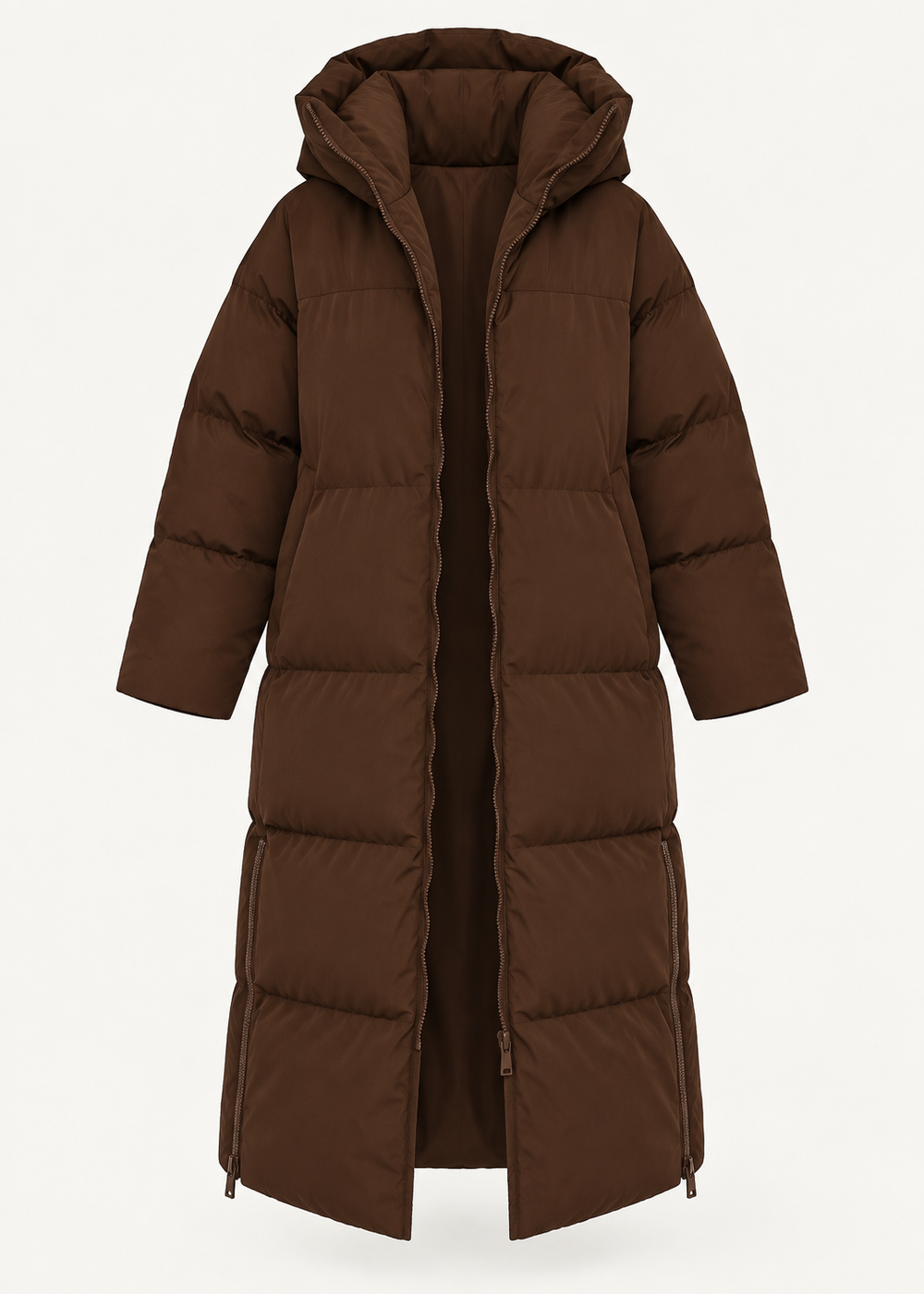 Parka longue brune à capuche, pièce isolée vue de face
