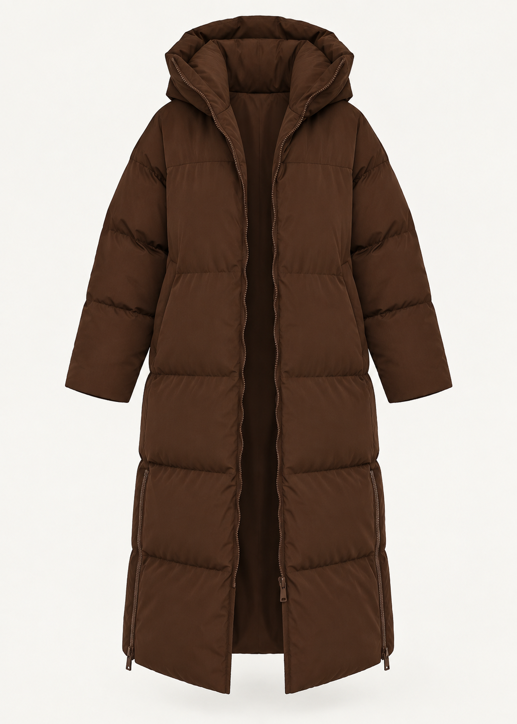 Parka longue brune à capuche, pièce isolée vue de face