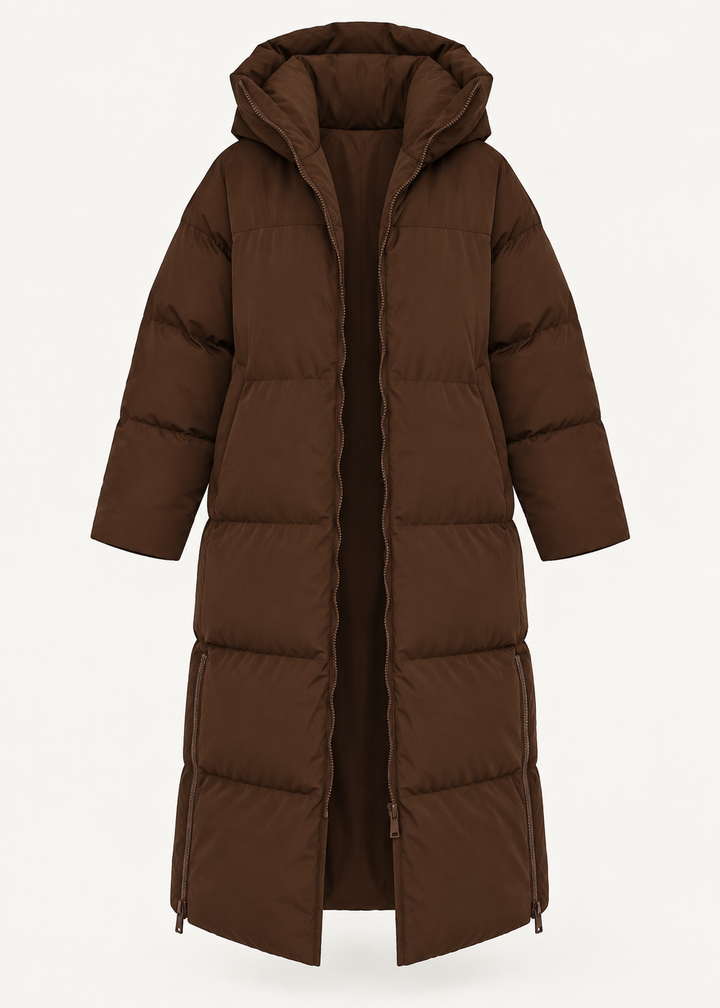 Parka longue brune à capuche, pièce isolée vue de face