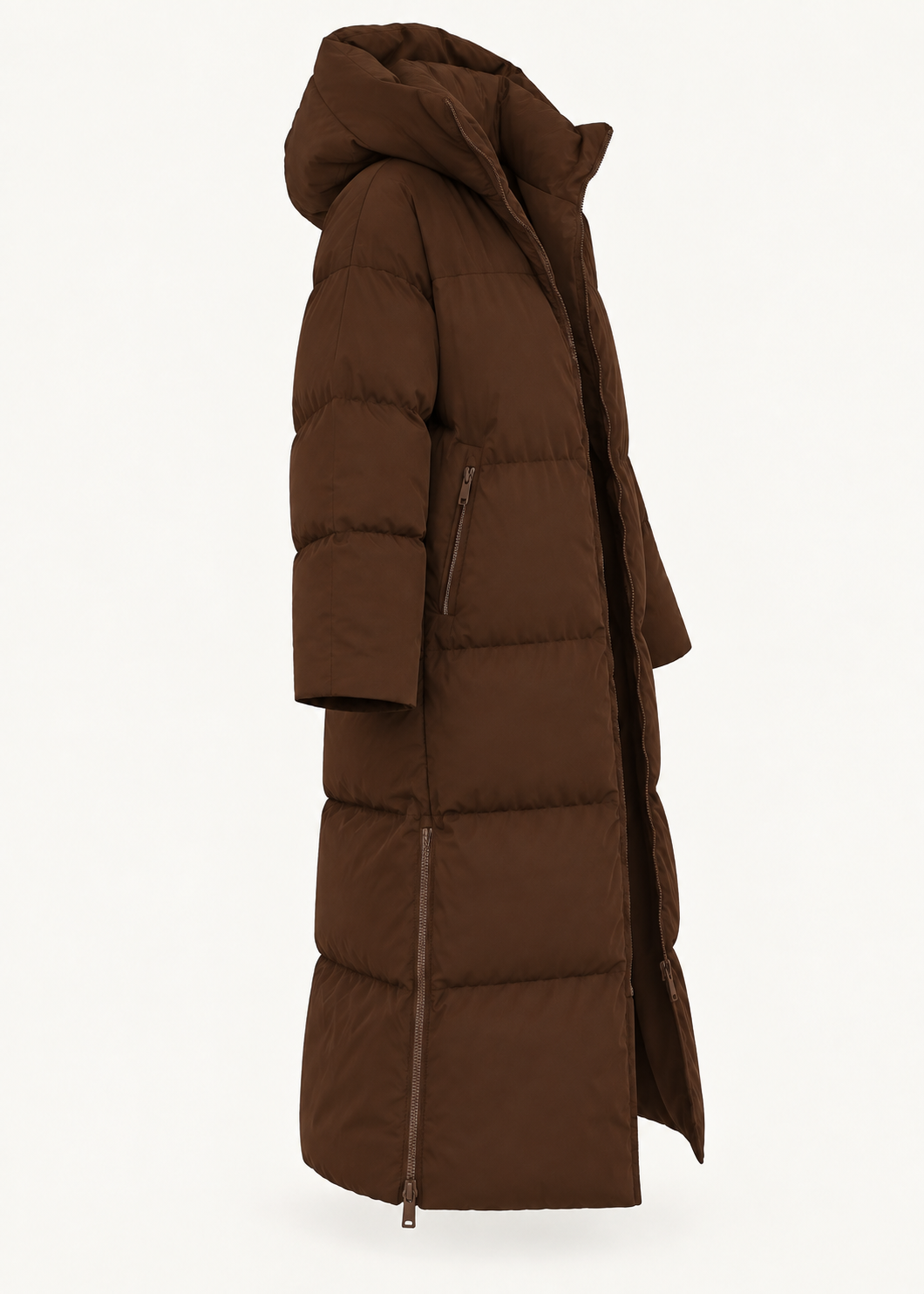 Parka longue brune à capuche, pièce isolée vue de profil