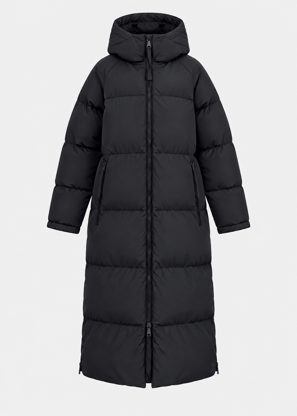 Parka longue noire matelassée à capuche, pièce isolée de face