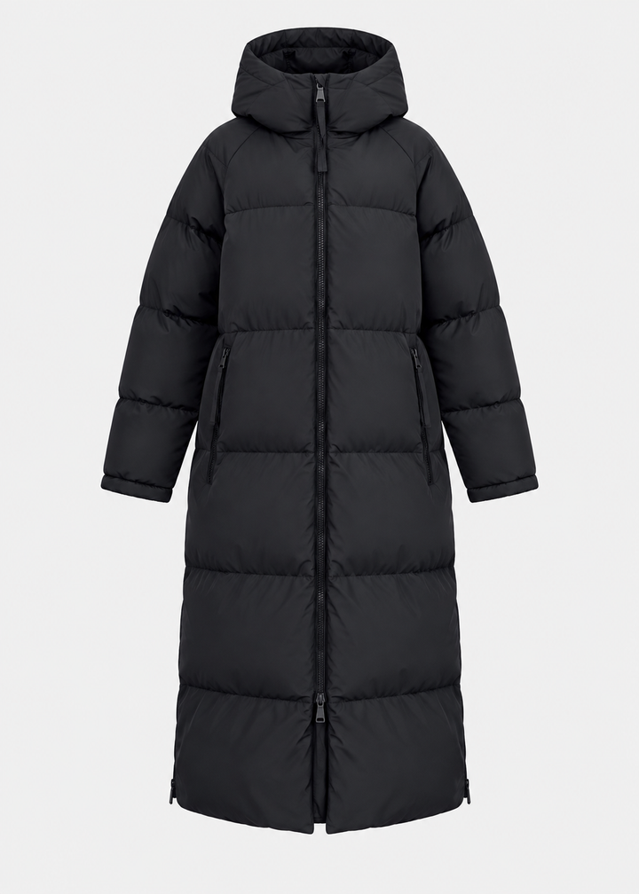 Parka longue noire matelassée à capuche, pièce isolée de face