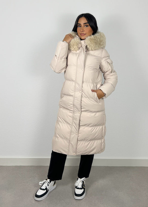 Parka beige à capuche fausse fourrure