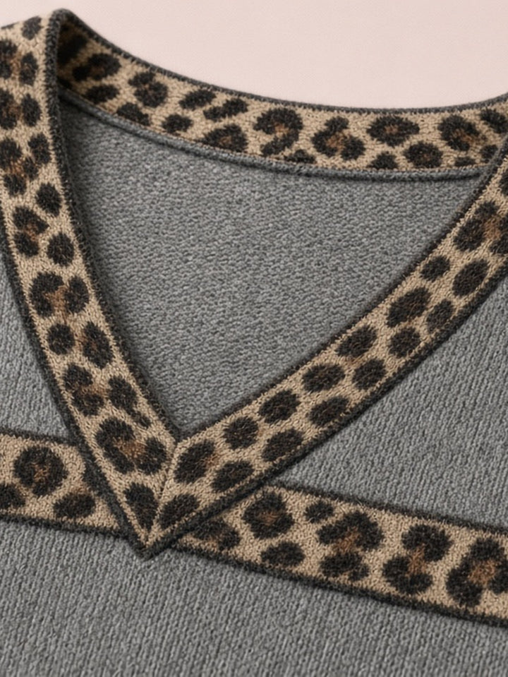 Pull à col V et bordures léopard — détail col V, fond pastel.