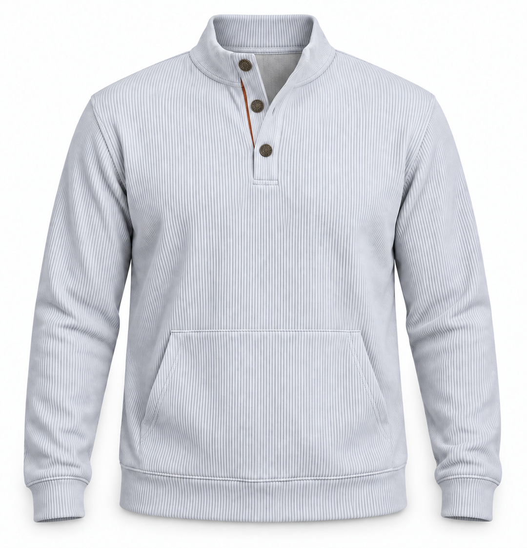 Pull gris clair boutonné à poche kangourou, vue isolée de face