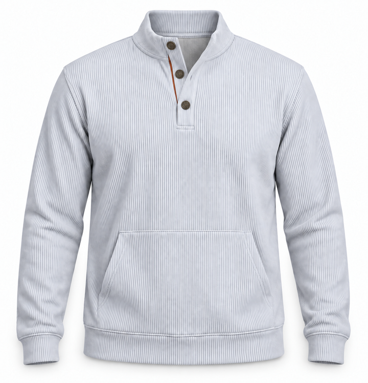 Pull gris clair boutonné à poche kangourou, vue isolée de face