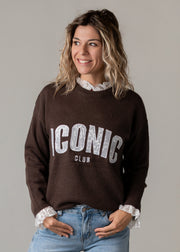 Pull en maille dentelle brodée porté par une femme, vue rapprochée, pull marron, col en dentelle