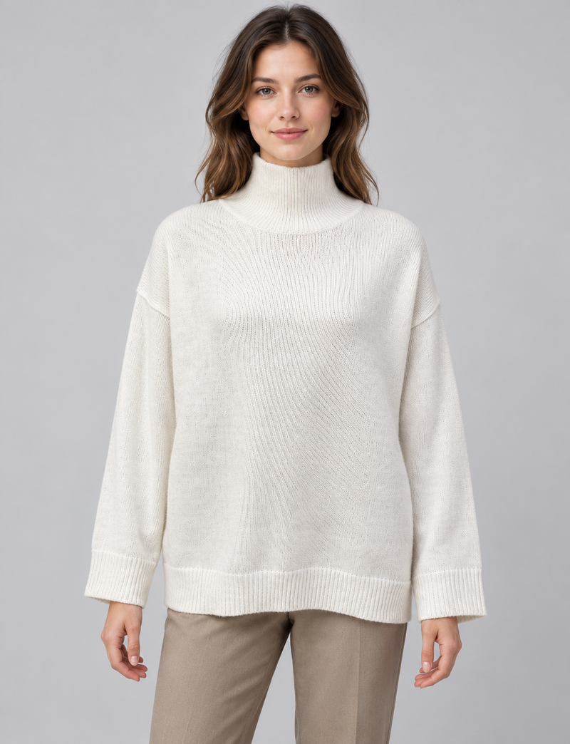 Pull écru ample à col montant, porté de face, avec manches longues, poignets et base côtelés.