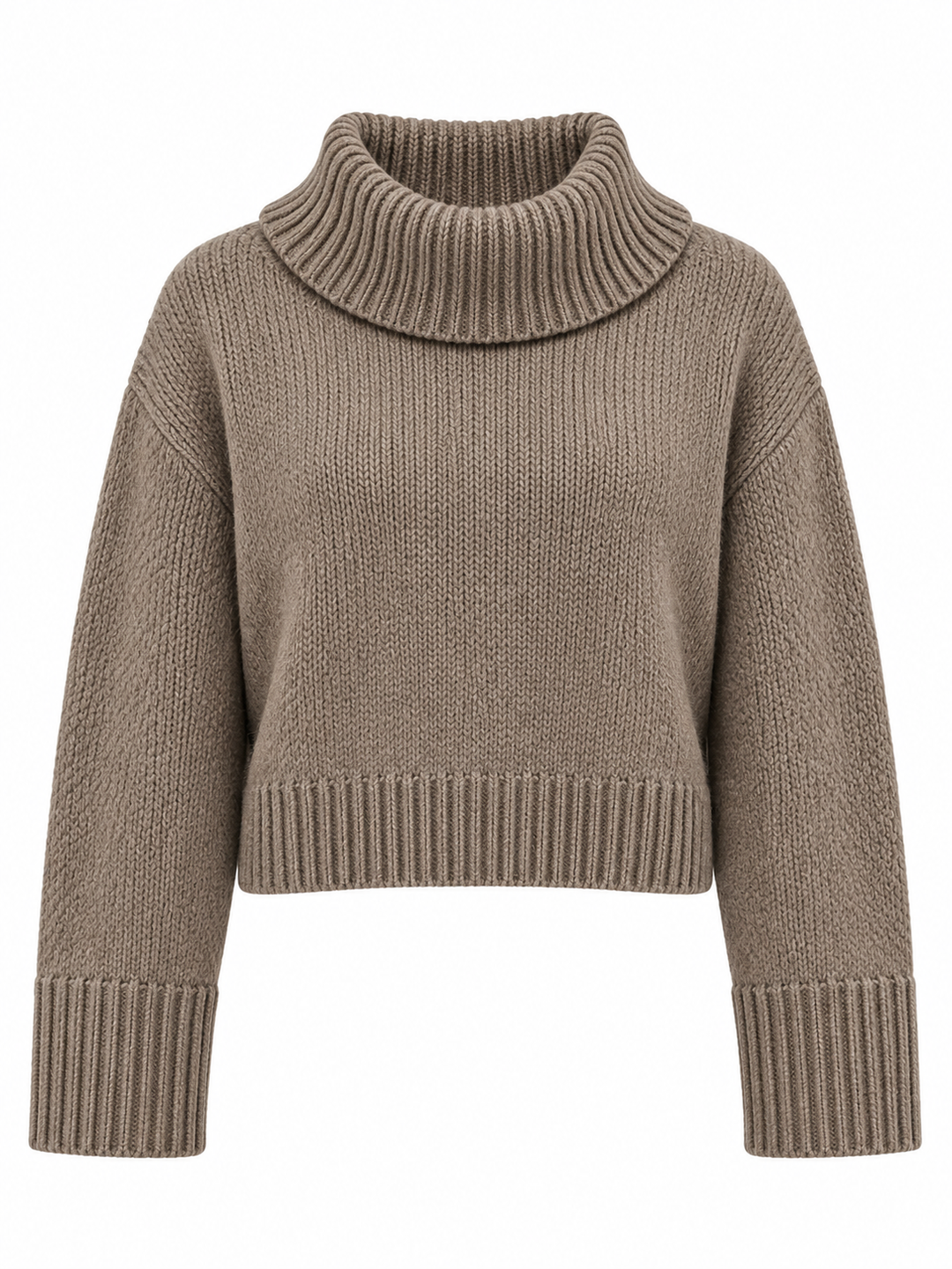 Pull taupe à col roulé rabattu, pièce isolée vue de face