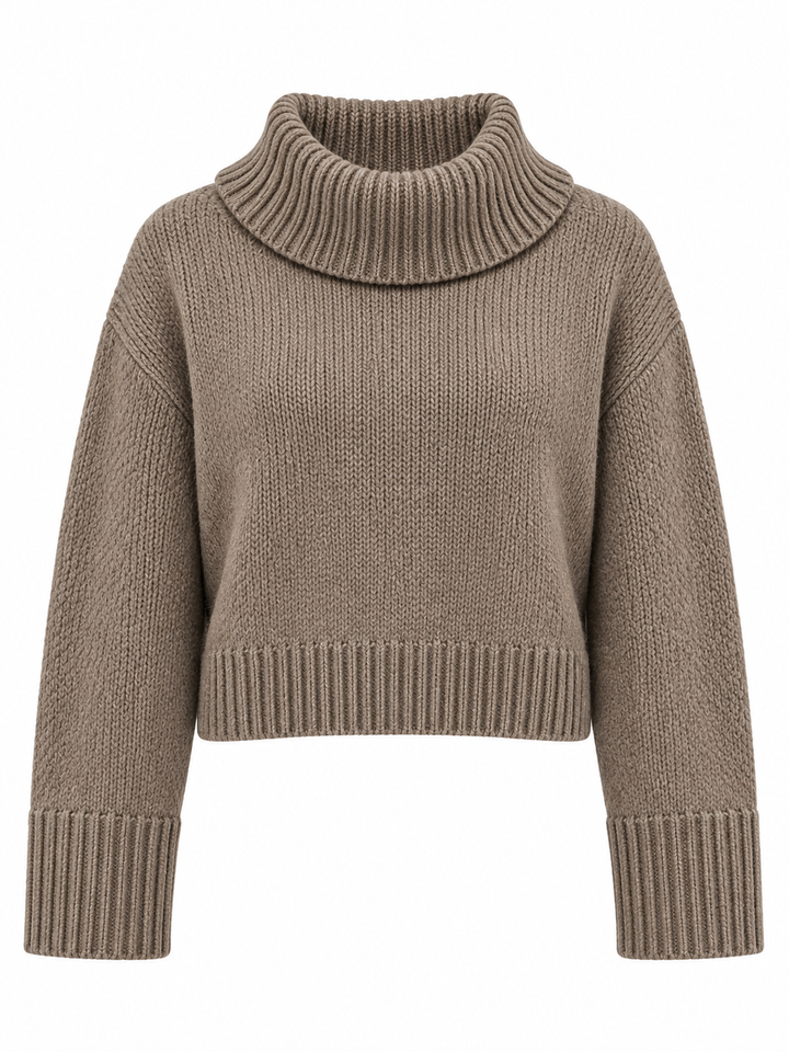 Pull taupe à col roulé rabattu, pièce isolée vue de face