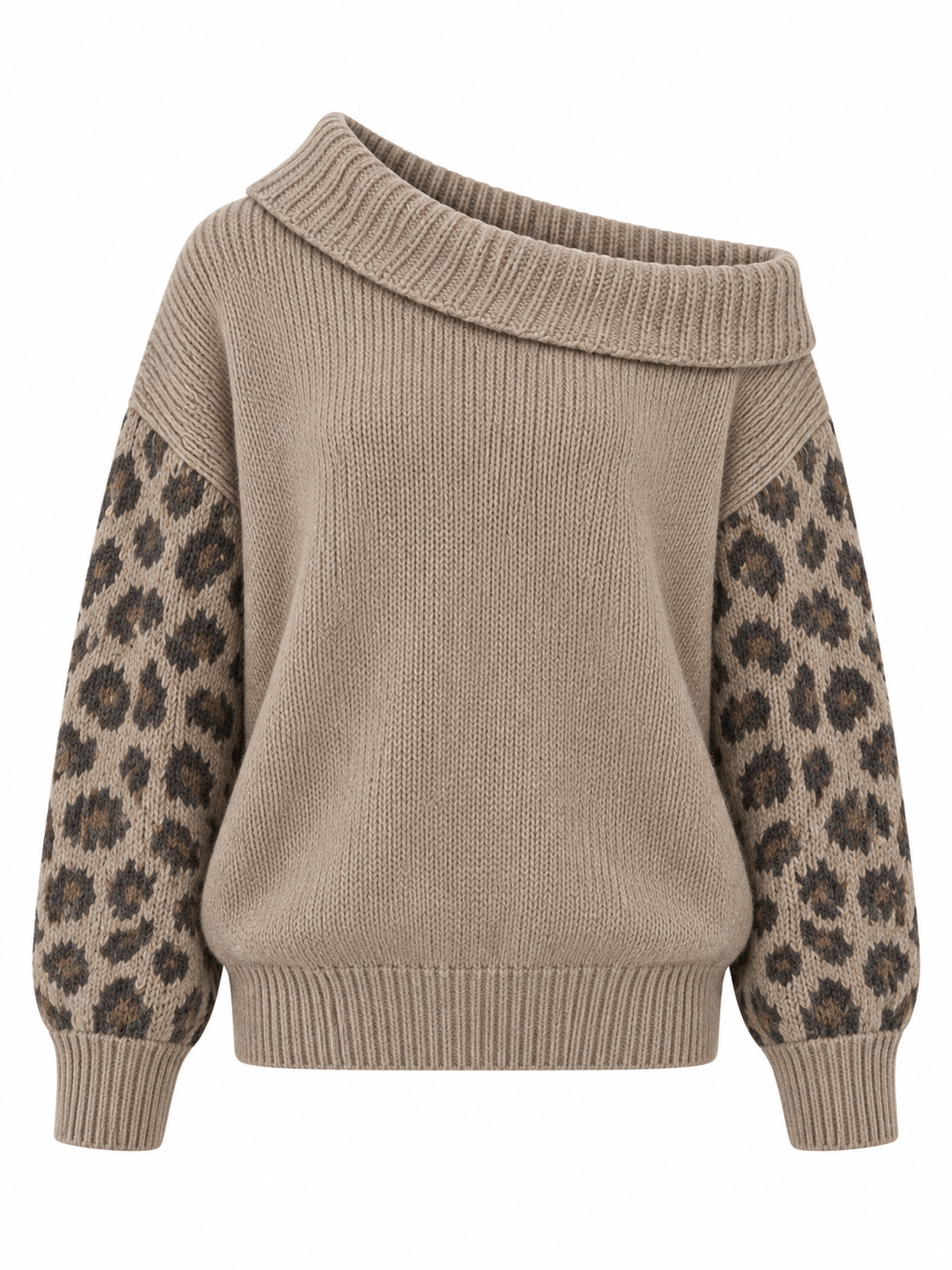 Pull taupe à manches léopard, pièce isolée vue de face