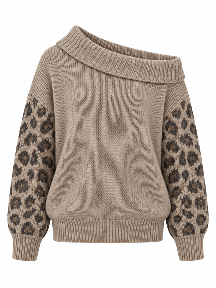 Pull taupe à manches léopard, pièce isolée vue de face