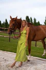 Robe longue à fermeture éclair portée par une femme, vue de face, cheval, clôture