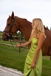 Robe longue à fermeture éclair portée par une femme, vue de trois-quarts, cheval brun, robe longue