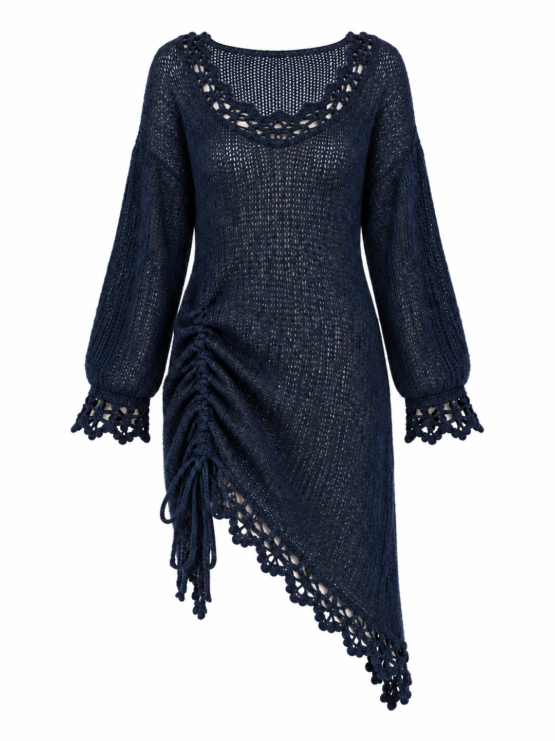 Robe en maille ajourée bleu marine, pièce isolée vue de face