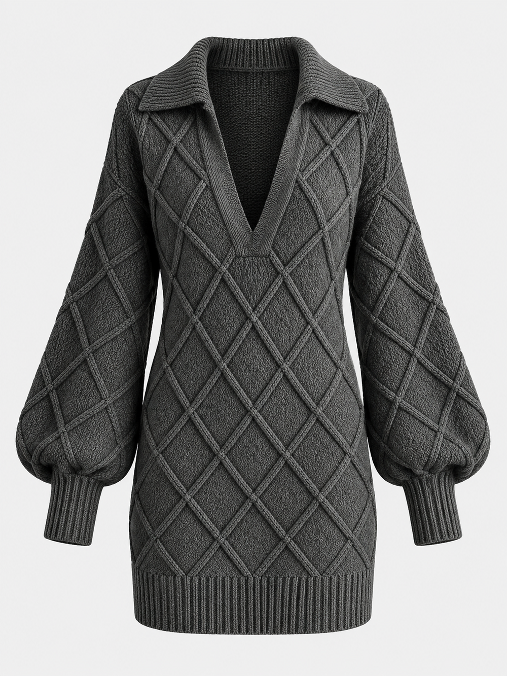 Robe-pull grise à losanges en relief, pièce isolée de face