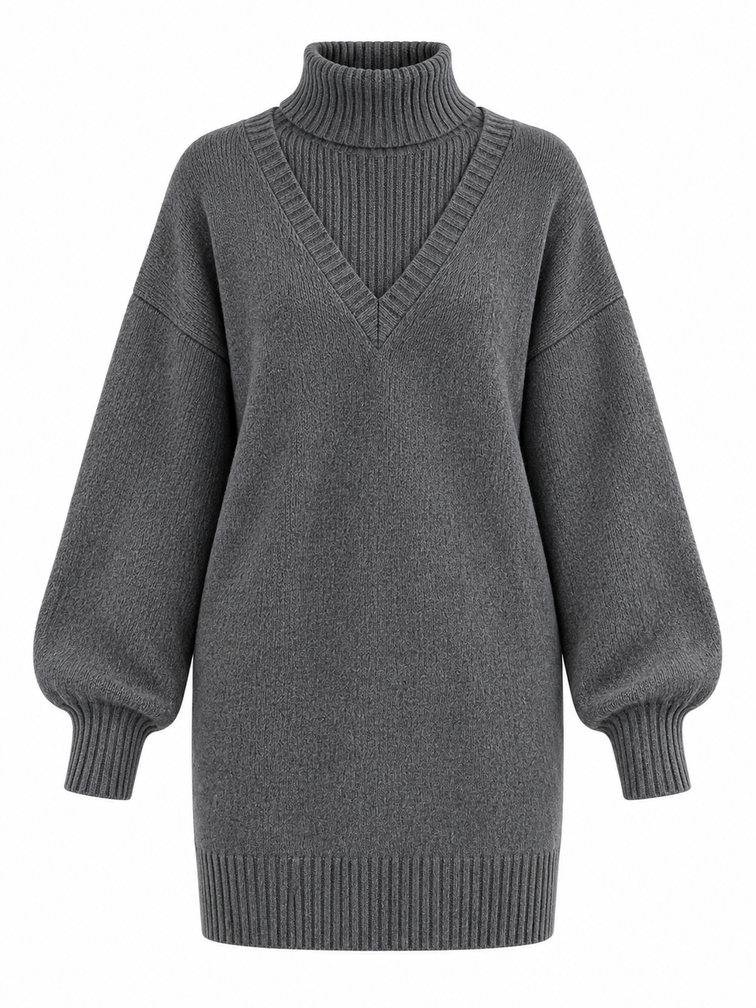 Robe-pull grise à col roulé superposé, pièce isolée vue de face